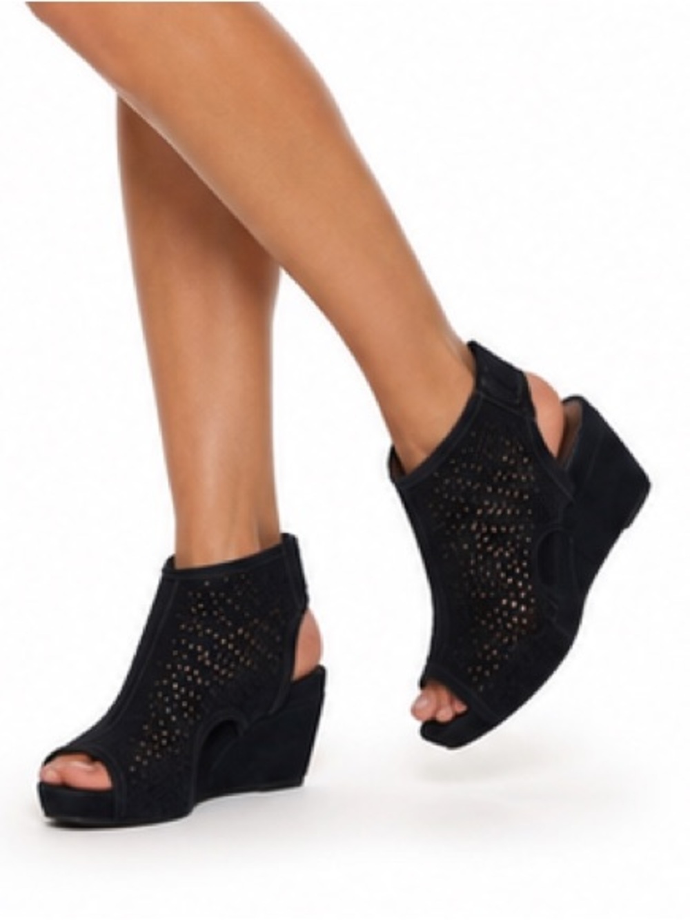 NEW - Van Eli Inez Black Stylish Suede Perforated Open Toe Wedge Sandals Sz 9.5